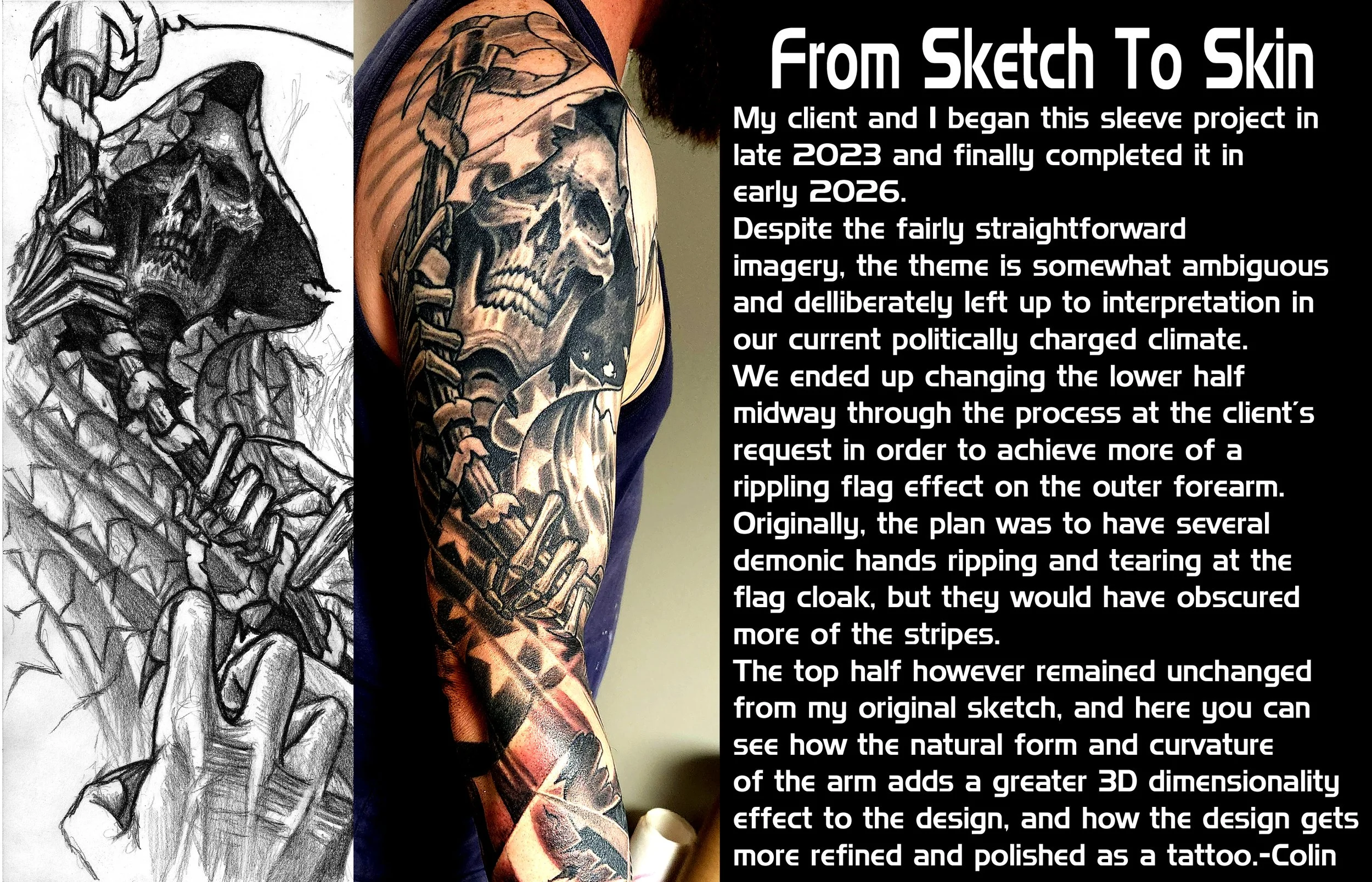 Picture showing how this black and grey grim reaper sleeve was developed from a pencil sketch, done by artist Colin Nolt at Epicdermis Studios Lancaster Pennsylvania 