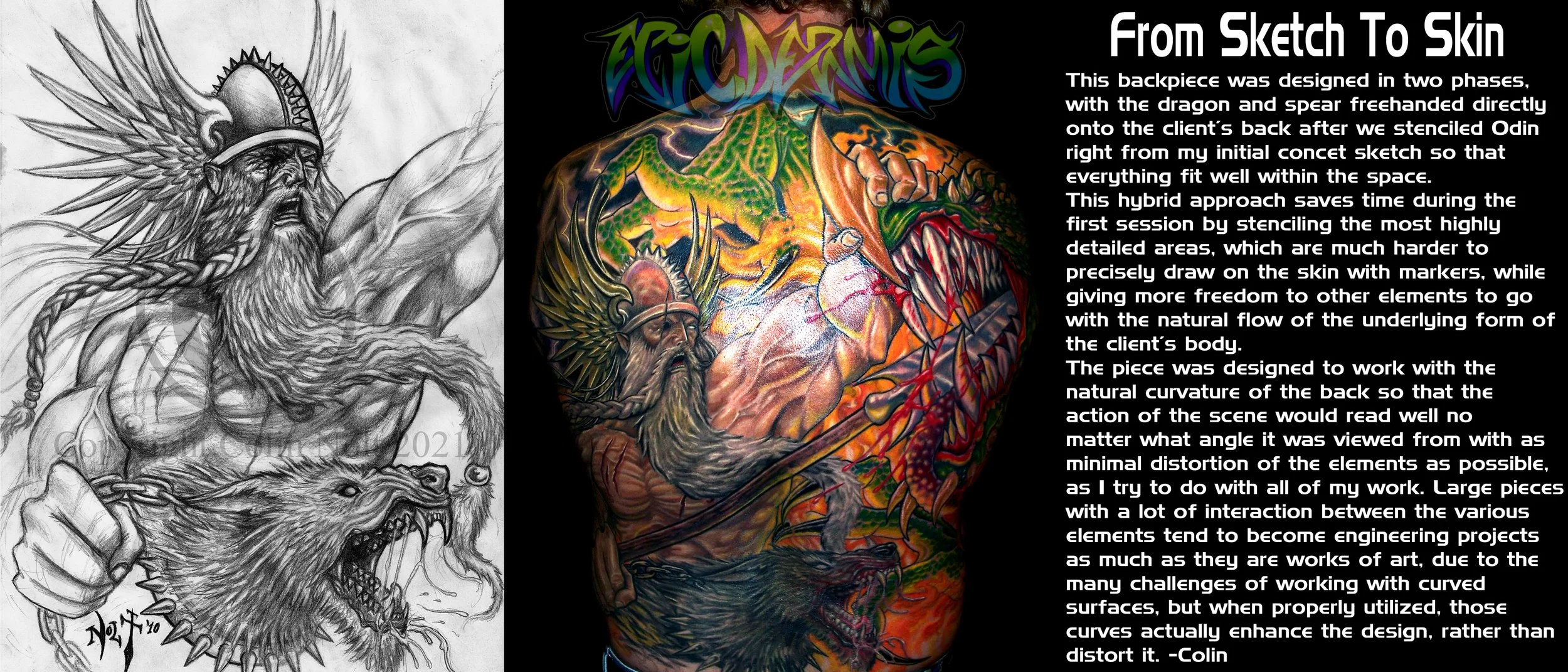 Picture showing how this backpiece tattoo was developed from a concept sketch to the finished tattoo, done by Colin Nolt at Epicdermis Studios in Lancaster PA