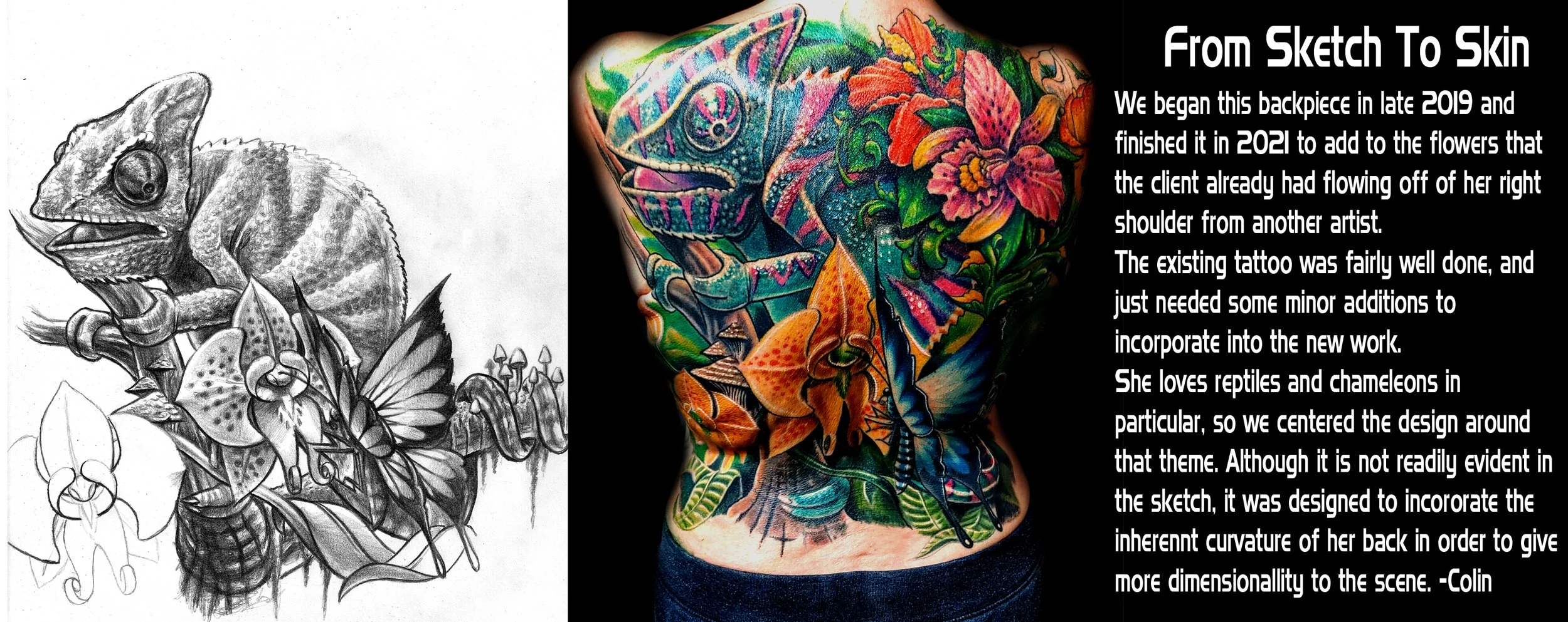 Picture explaining how this jungle chameleon backpiece tattoo was made from the design sketch, done by Colin Nolt at Epicdermis tattoo shop Lancaster PA