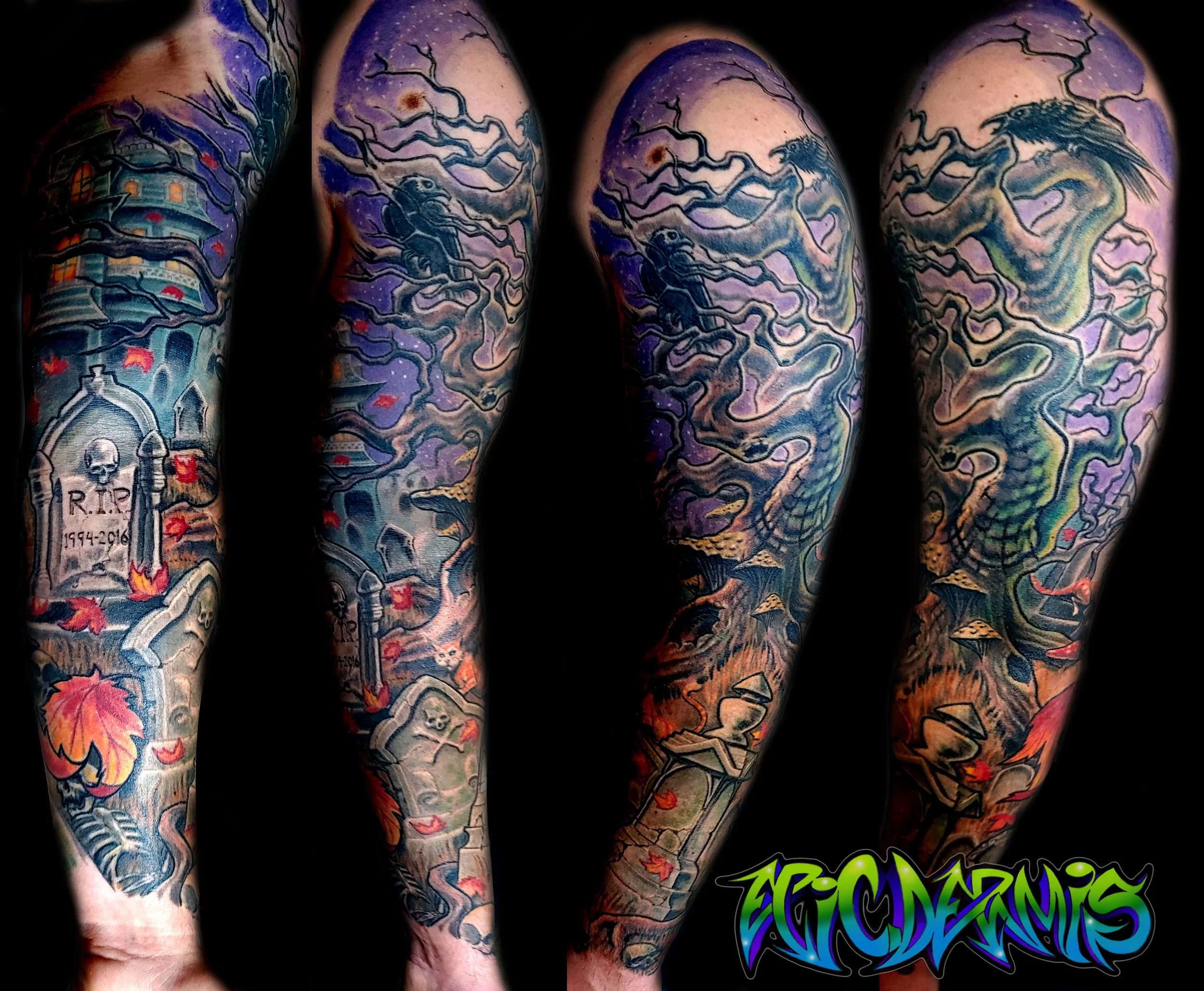 Illustrative Spooky Graveyard Sleeve done by Colin Nolt at Epicdermis Tattoo Studio in Lancaster PA