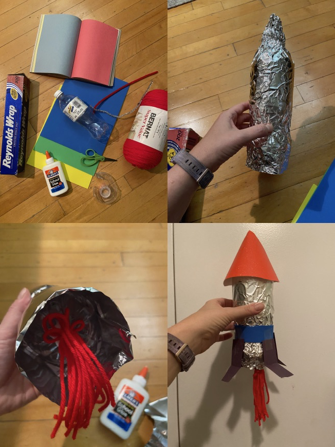 Step-by-step craft project to make a rocket using aluminum foil, construction paper, yarn, glue, and other household items. The first image shows the supplies, the second and third images show the foil body of the rocket, and the final image shows the completed paper rocket with a red cone, purple fins, and red yarn tail.