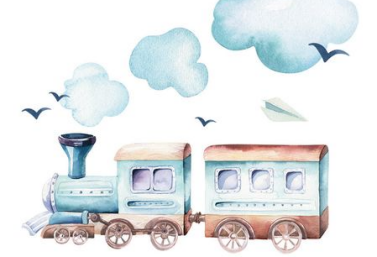 Watercolor illustration of a toy train with two carriages, emitting puffs of smoke and flying paper airplanes in the sky.