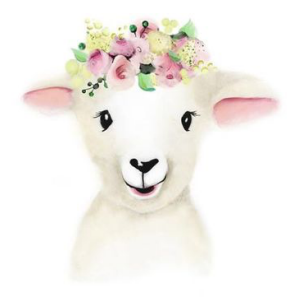 Cartoon goat with a floral crown, smiling, with pink ears and black eyes.