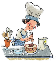Cartoon chef decorating a birthday cake in a kitchen