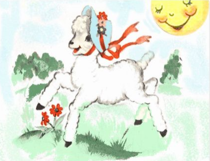 A cartoon scene with a white goat wearing a red ribbon and a girl riding on its back, set in a green grassy field with trees, a smiling sun in the sky.