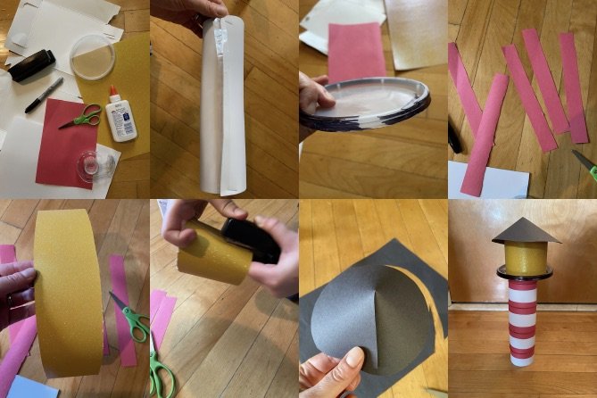 Step-by-step process of creating a homemade decorative lighthouse using paper, tape, scissors, glue, and a paper plate.