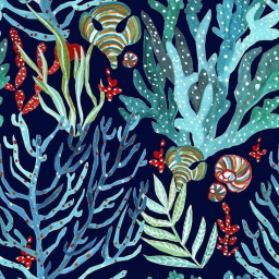 Colorful coral reef with marine life including seashells, seaweed, and small fish, set against a dark blue background.