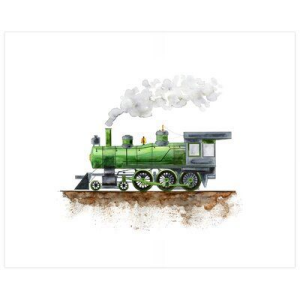 Illustration of a green steam train emitting smoke, on tracks over dirt.