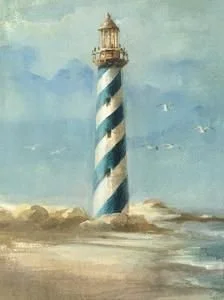 A lighthouse with a blue and white spiral pattern near the ocean, with a cloudy sky above.