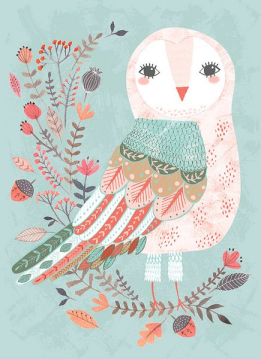 A whimsical illustration of an owl with colorful patterned feathers, surrounded by stylized flowers and leaves.