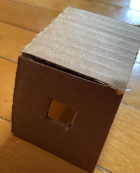 Small cardboard box with a square cutout on one side, placed on a wooden surface.