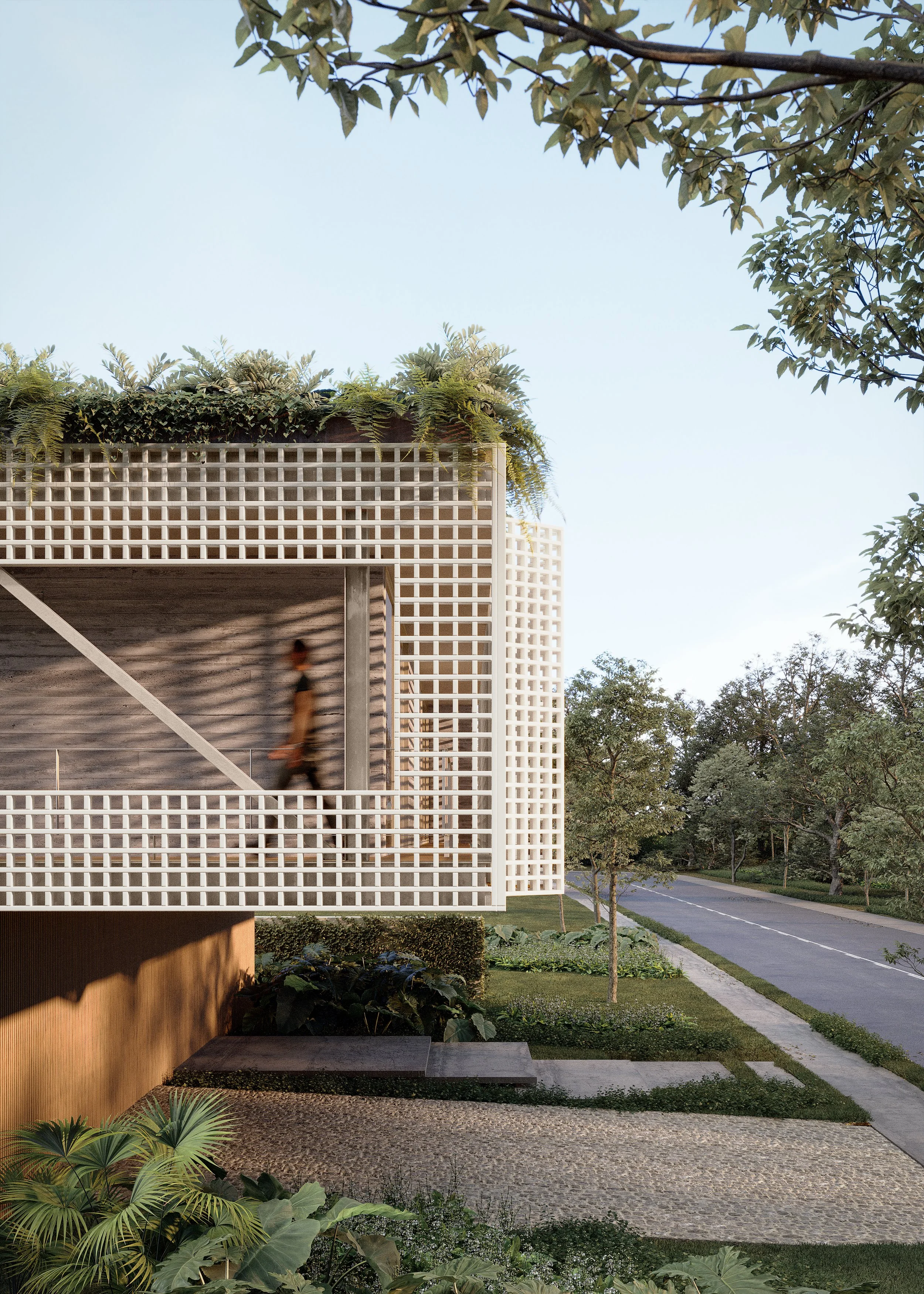 Imagem de uma residência moderna com fachada de treliças brancas, cercada por árvores e jardins verdes, ao lado de uma rua tranquila ao entardecer.