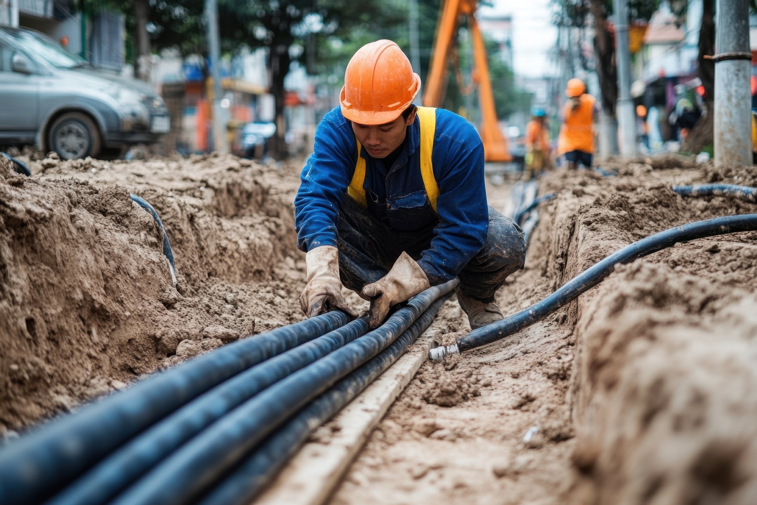 Creekstone skilled laborer crouching in a trench installing electrical cables, wearing protective gear, with additional crew and construction equipment in the background, highlighting trained workforce and professional job-site expertise.