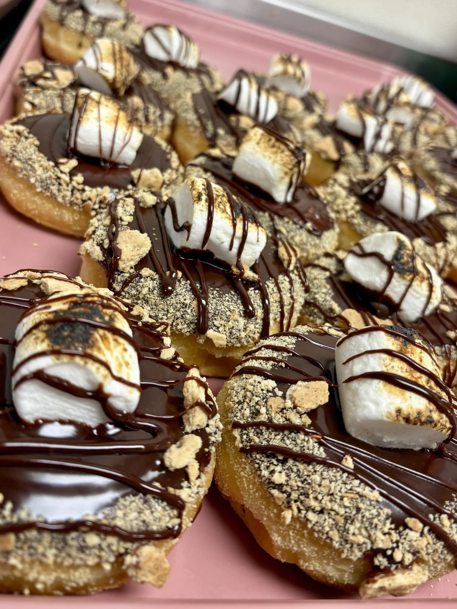 Multiple donuts sit on a pink tray. The donuts are round with dark brown icing, crumbled graham crackers around the edge and a toasted marshmallow on top