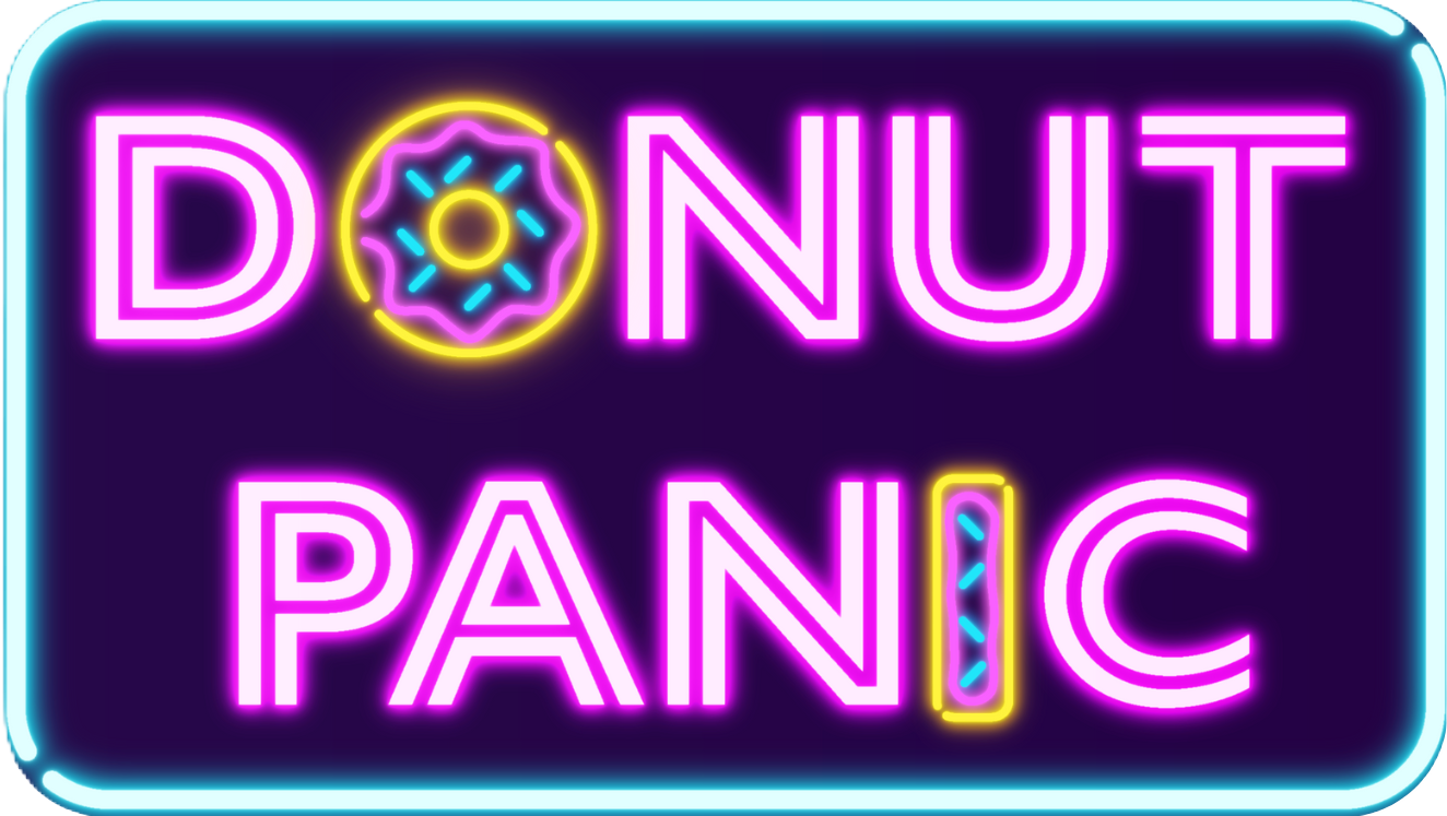 Rectangle logo with rounded edges. Text in neon font that spells out Donut Panic with the letters O and I drawn as donuts