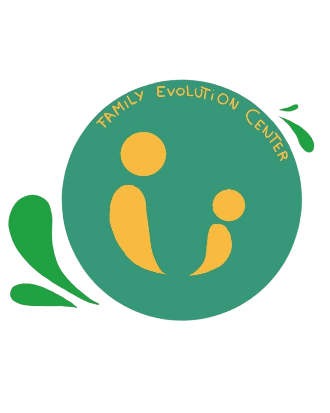 Logo for Family Evolution Center featuring a green circle with two yellow human-like figures and the center's name around the top edge.
