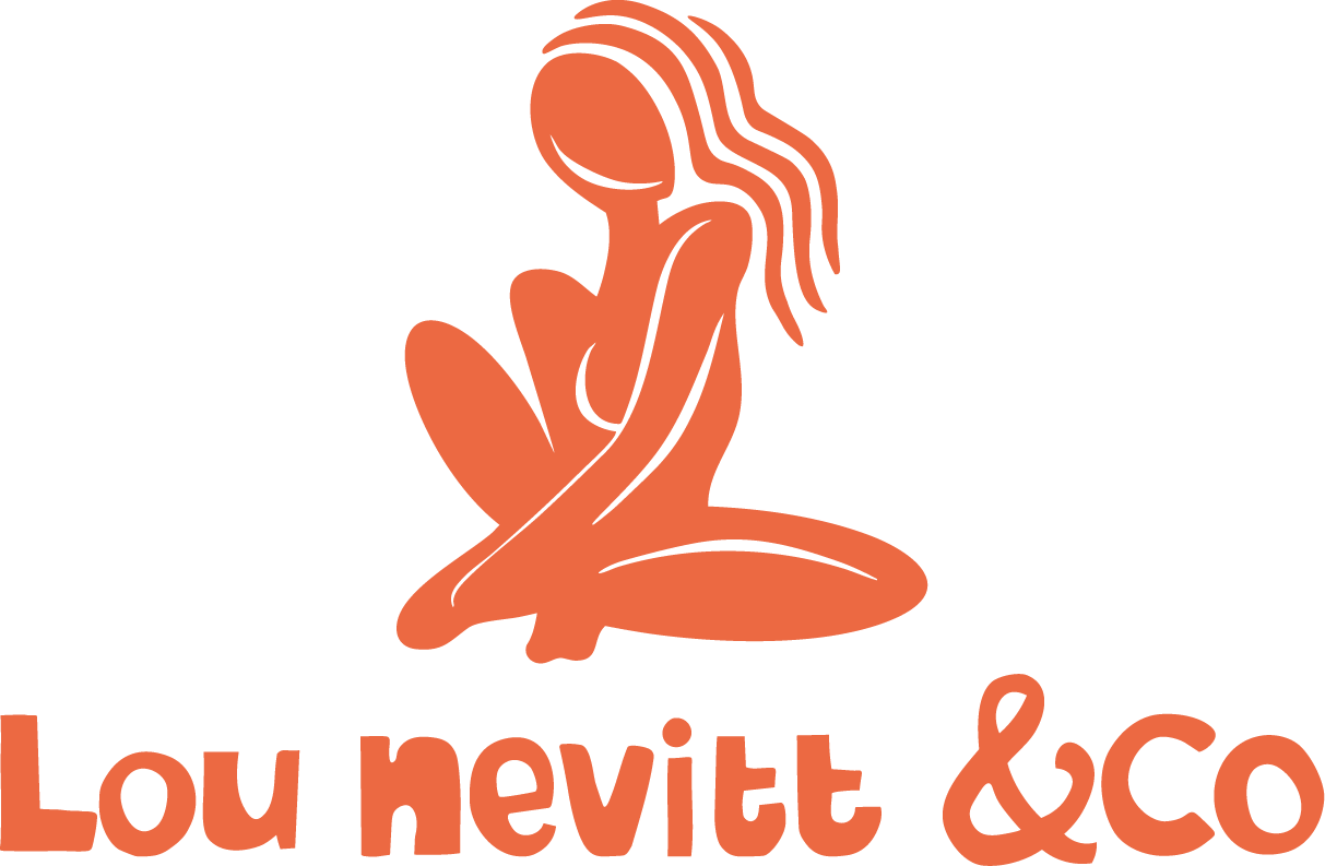 A line drawing of a woman with long hair sitting with her knees drawn to her chest, in a kneeling pose. The words "Lou nevite & co" are written below in a stylized font.