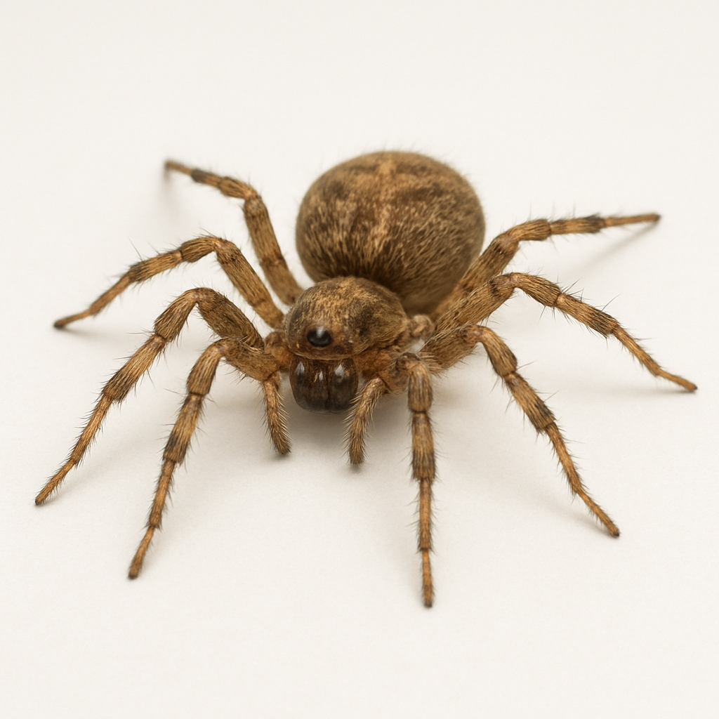 Close-up of a spider with a round abdomen, multiple legs, and brown hairy body on a white surface.