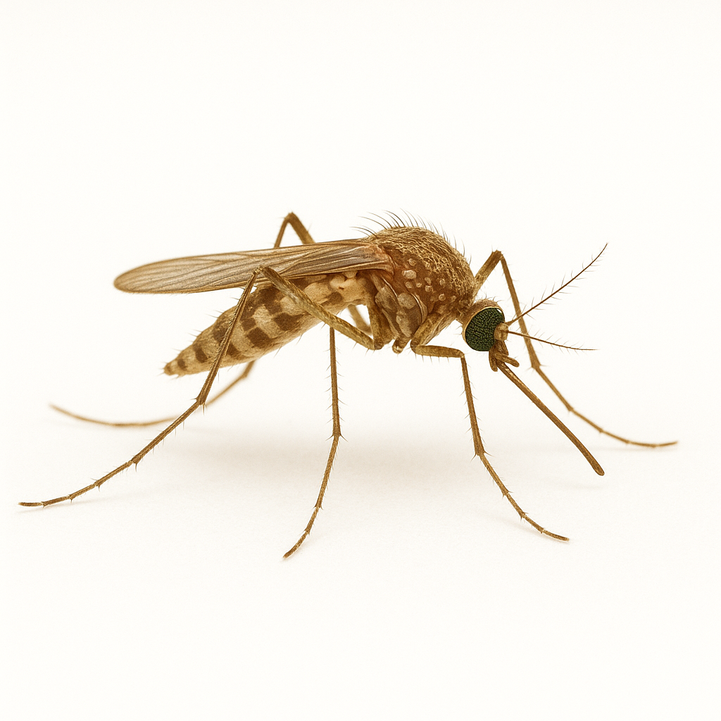 Close-up of a mosquito with green eyes and long legs on a plain white background.