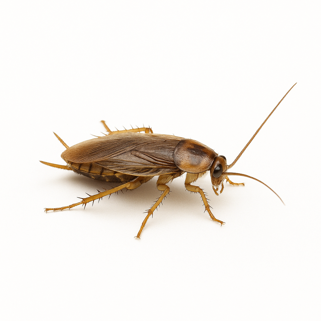 Close-up of a cockroach on a white background.
