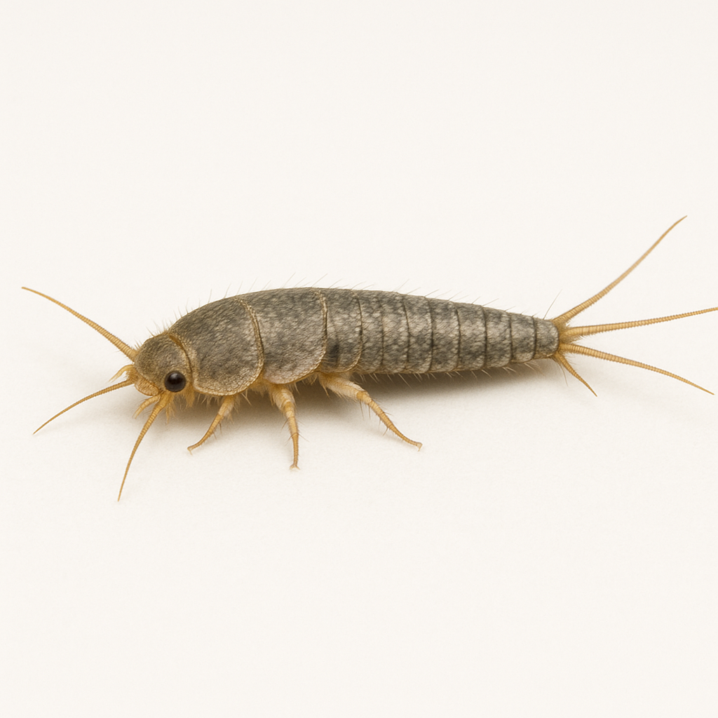 Close-up of a stonefly with a segmented body, six legs, and long antennae, on a white background.