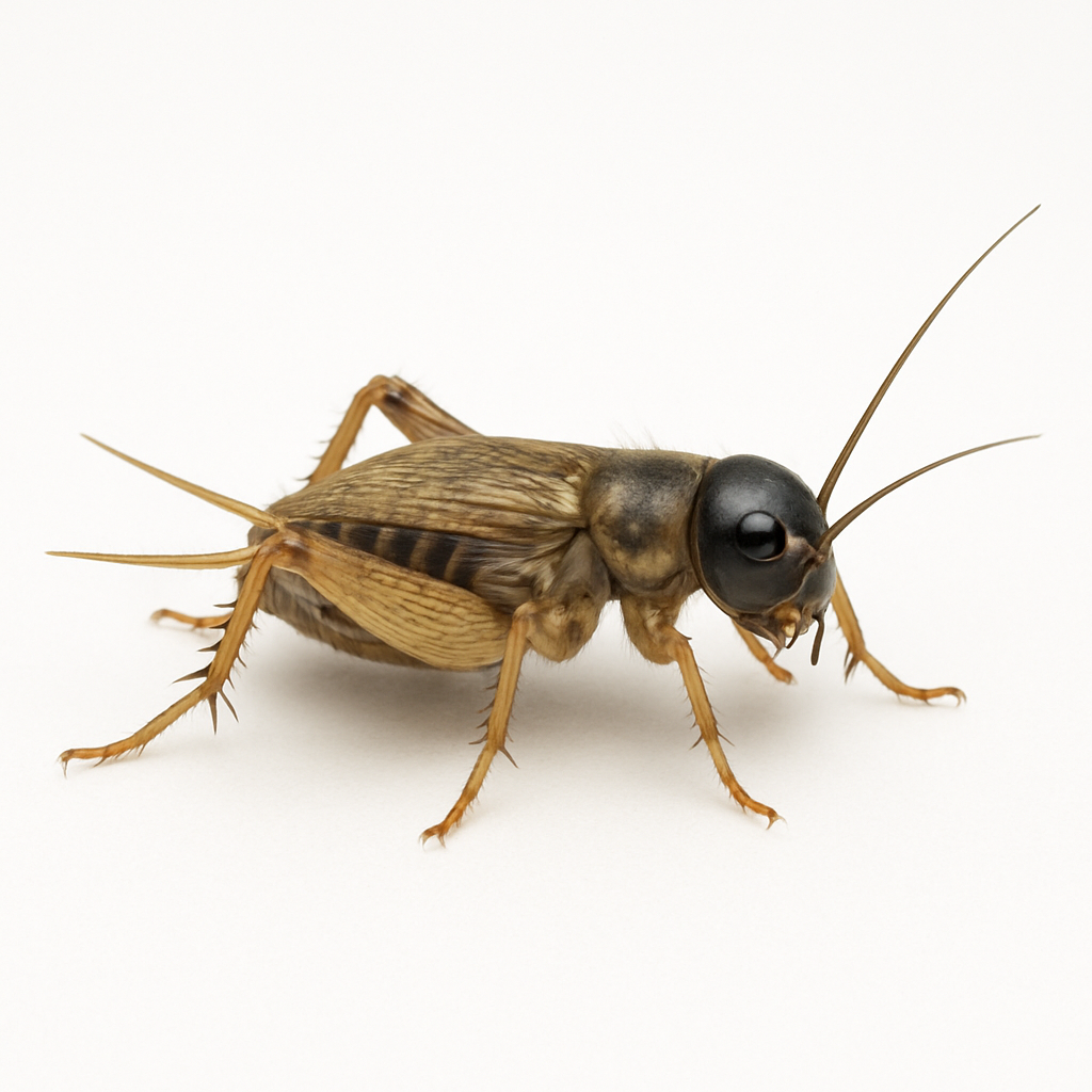 Close-up of a cricket on a white background.