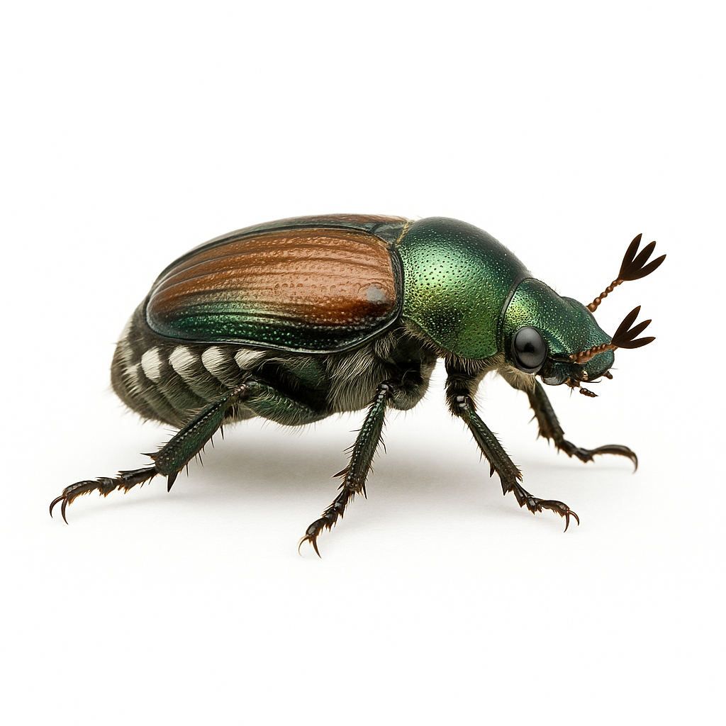 Close-up of a metallic green and brown beetle with black eyes and segmented legs on a white background.