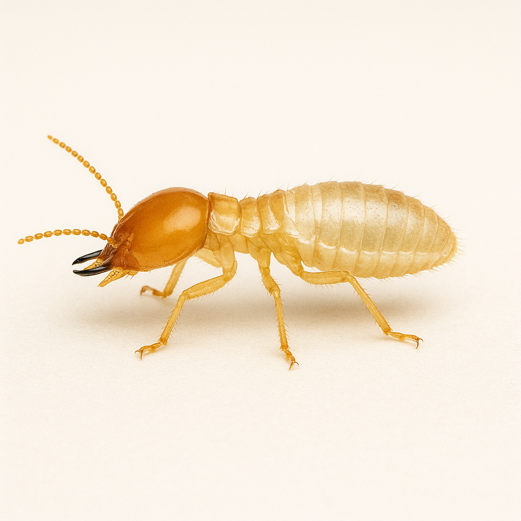Close-up of a pale yellowish-brown termite with a segmented body, six legs, and antennae, on a plain white background.