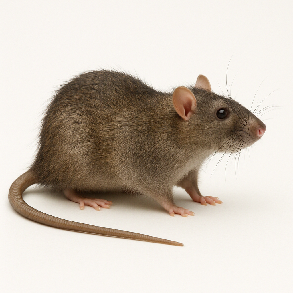 A close-up image of a brown and gray house mouse on a white background.