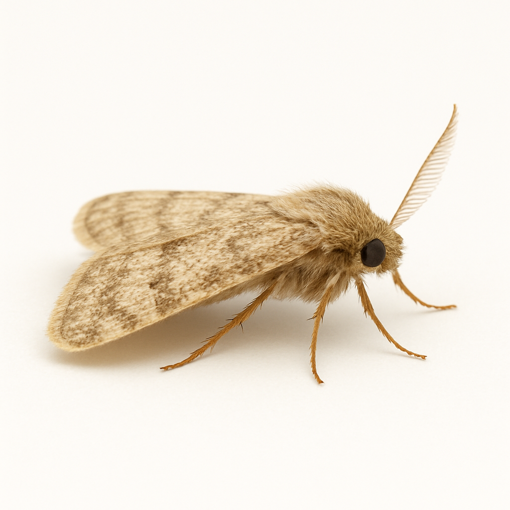 Close-up of a beige moth with brown speckled wings and a feather on its head, standing on a white surface.