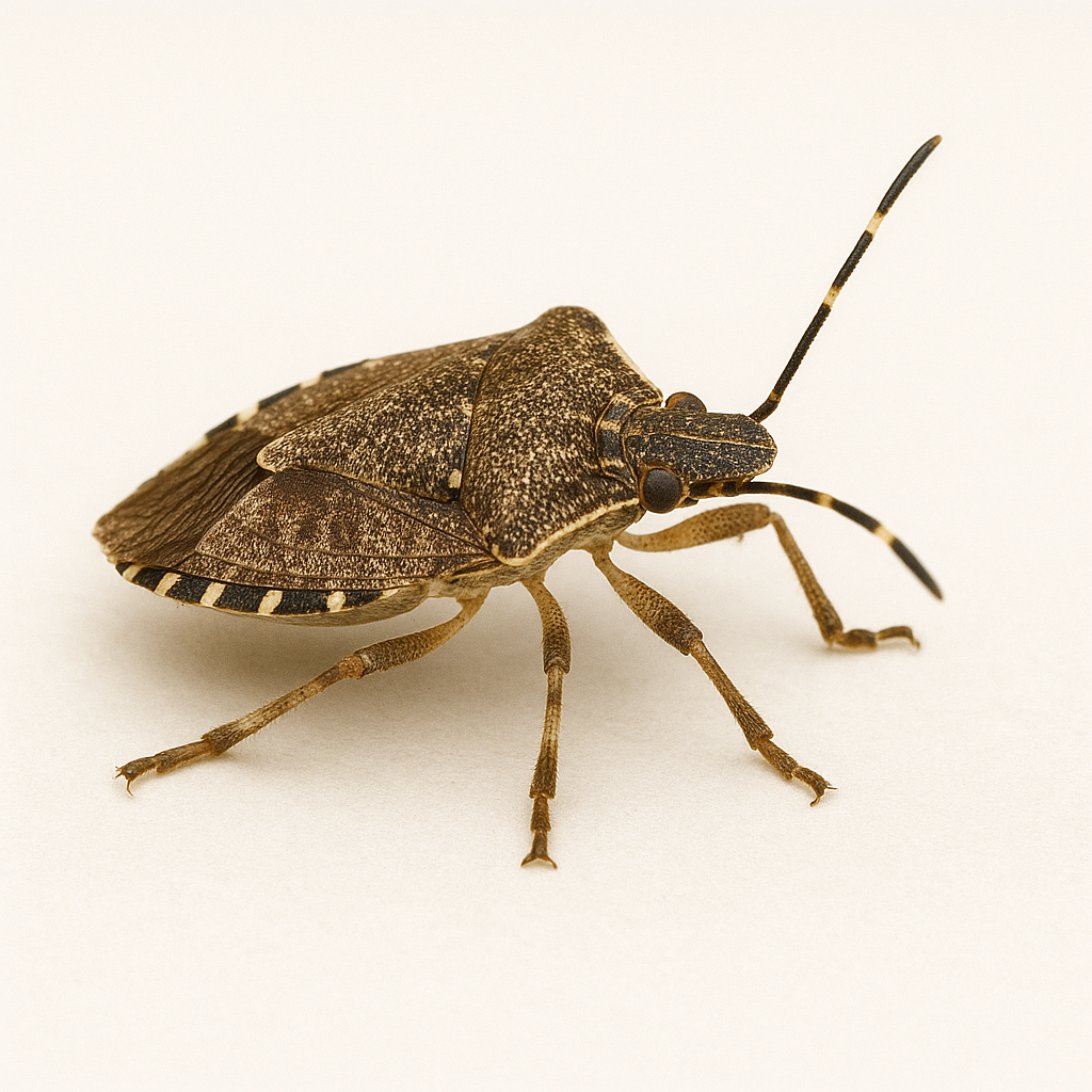 Close-up of a brown and black spotted insect on a white background.