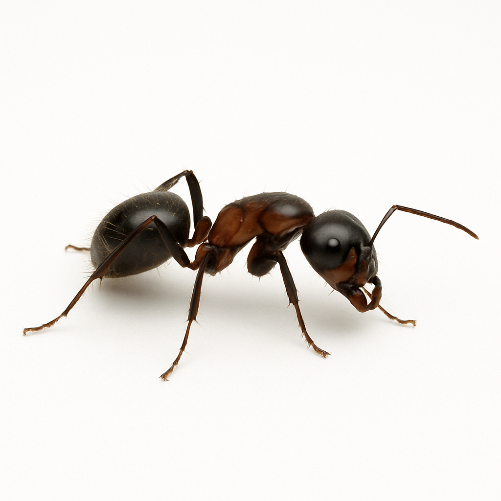 Close-up of an ant on a white background, showing its black and brown body and six legs.