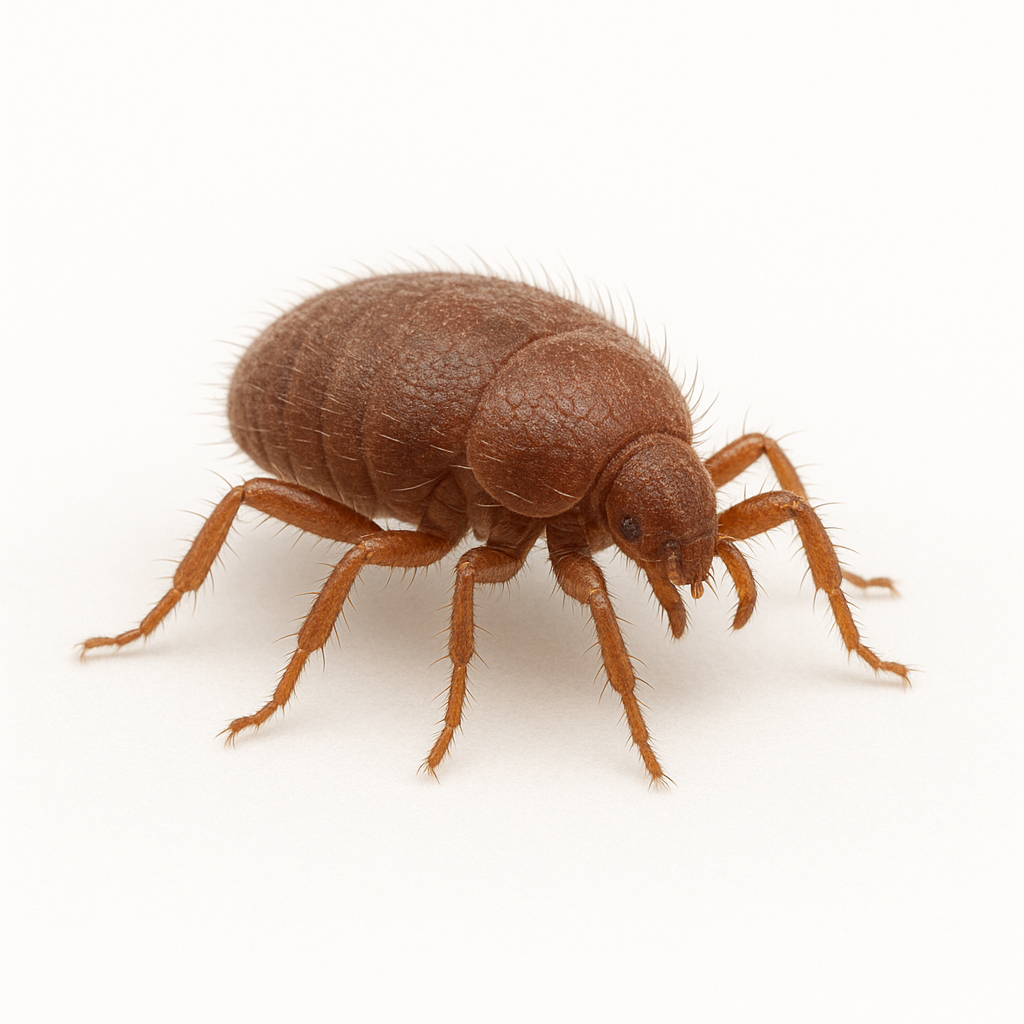 Close-up of a brown flea on a white background.
