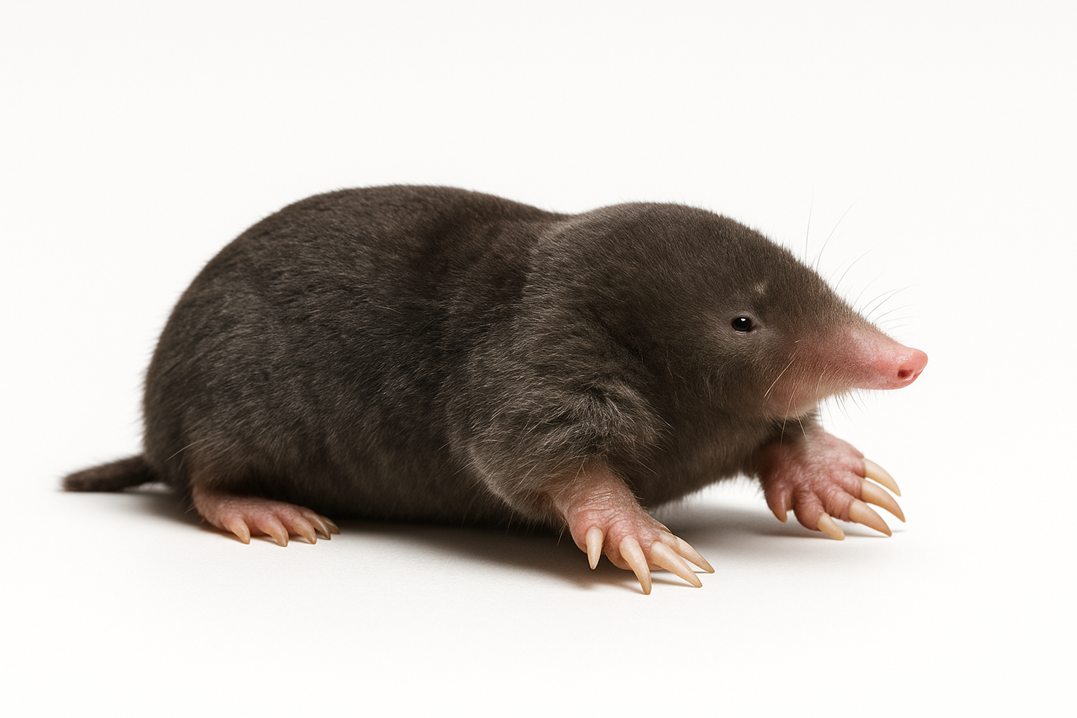 A close-up of an albino rat with dark fur, pink nose, and claws, facing right on a white background.