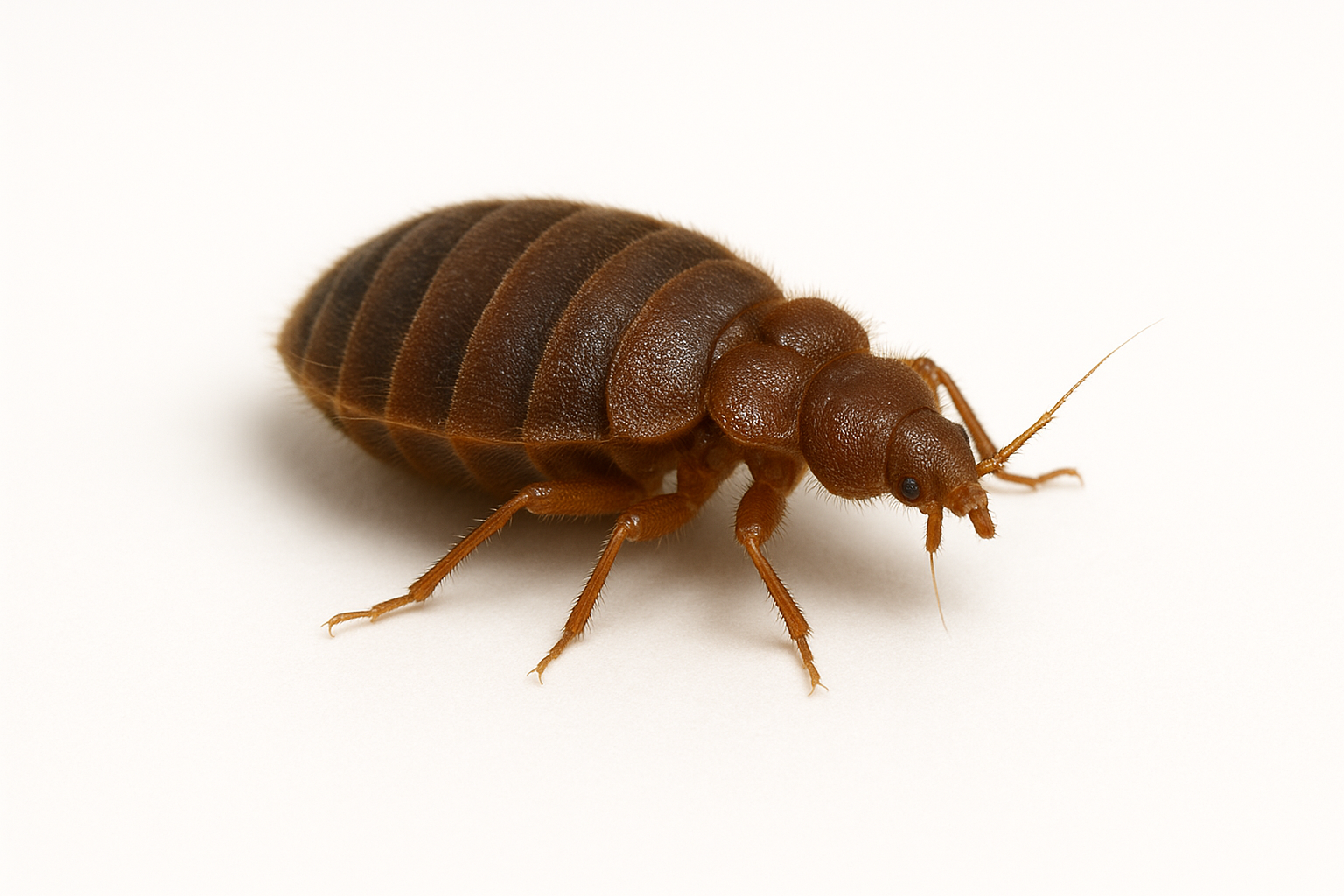 Close-up of a brown pill bug on a white background.