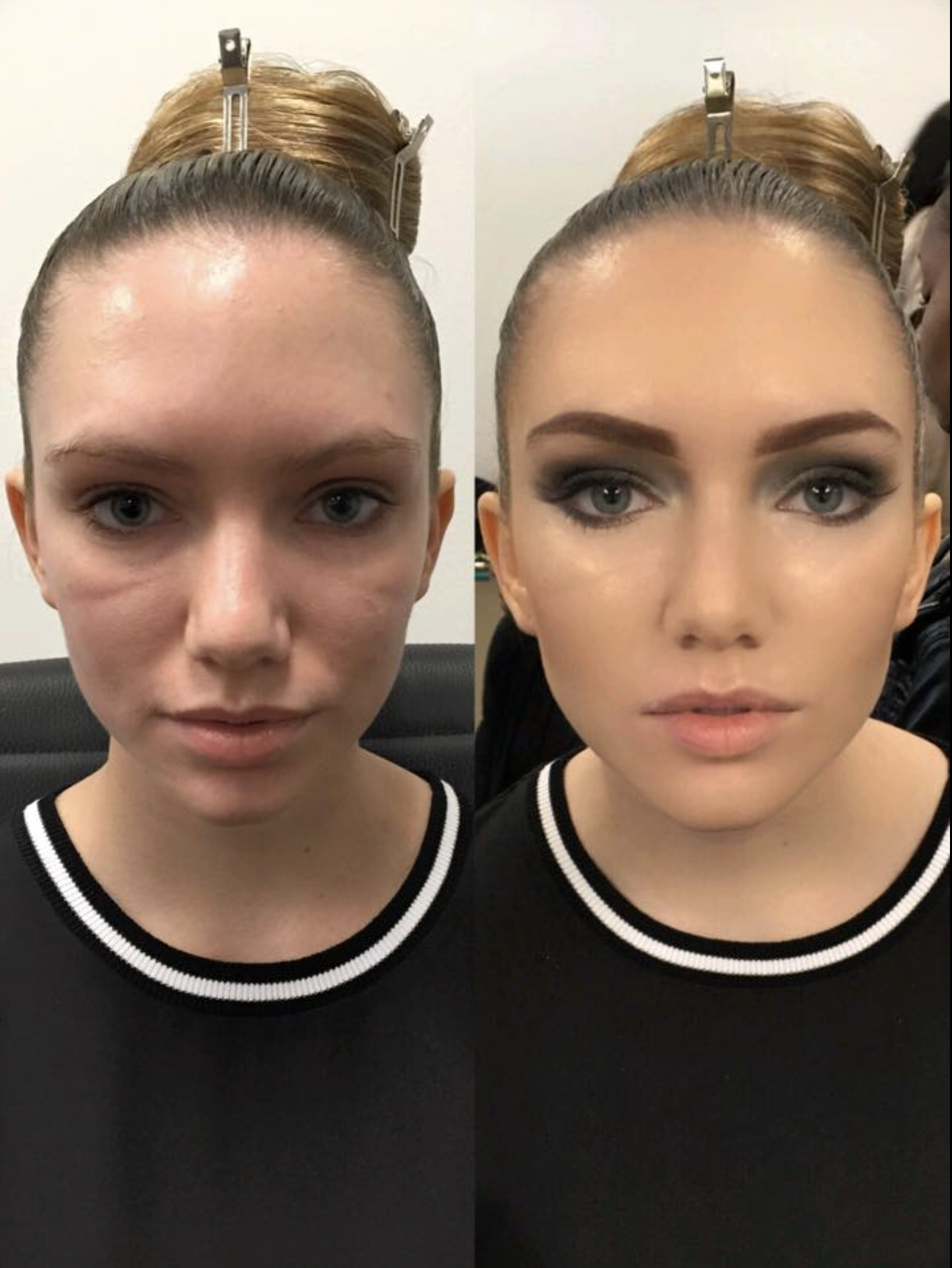 Side-by-side comparison of a woman before and after makeup application, showing her natural face on the left and her glamorous look on the right with bold eye makeup and lipstick.
