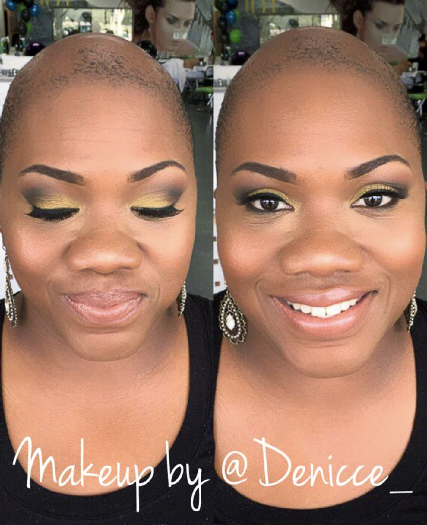 Side-by-side photos of a woman with makeup. The left shows her with closed eyes, wearing eyeshadow and false lashes, on the right she is smiling with her eyes open, revealing similar eye makeup. Text at bottom reads 'Makeup by @Denicc_'.