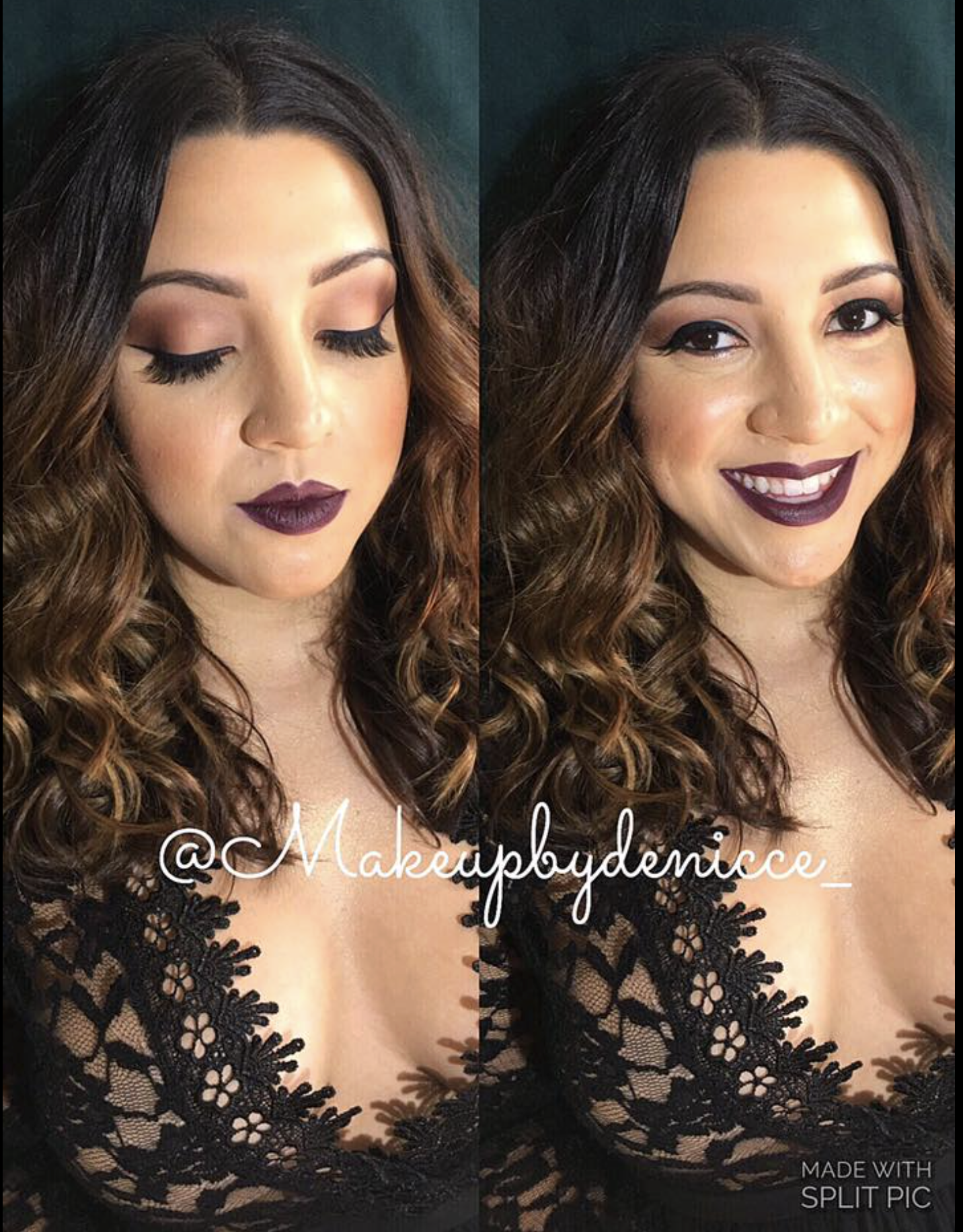 Side-by-side photos of a woman with curly brown hair, showcasing her makeup. The left image shows her with closed eyes, displaying eye makeup with eyeliner, eyeshadow, and long lashes. The right image shows her smiling, revealing lipstick and complet