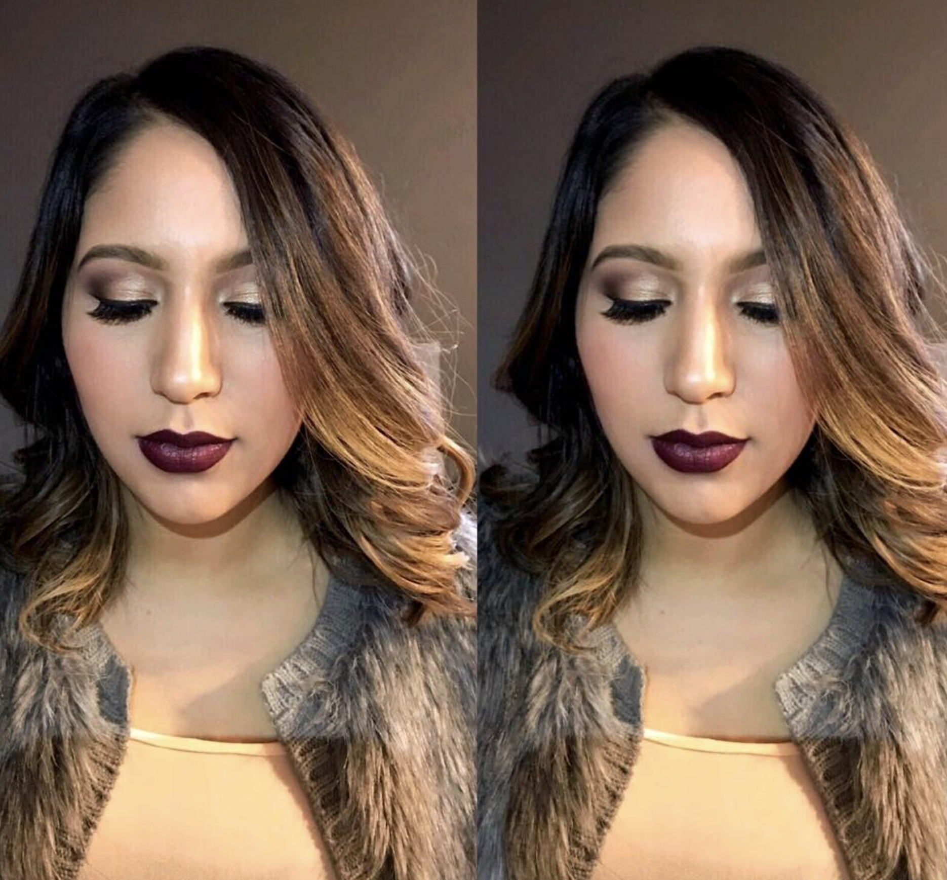 Side-by-side image of a woman with shoulder-length brown hair styled in loose waves, wearing dark lipstick and eye makeup, dressed in a gray faux fur coat over a yellow top.