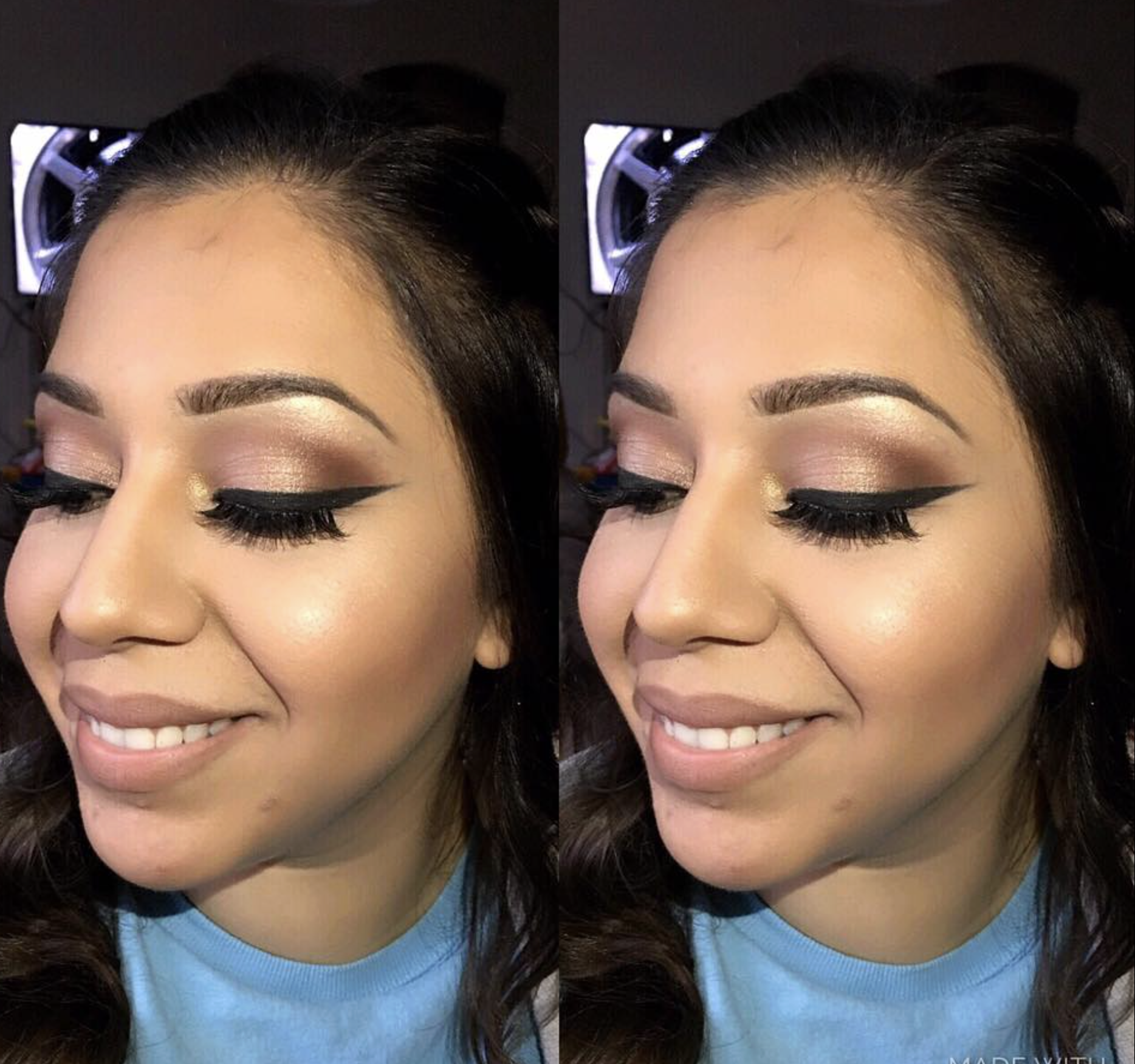 Close-up of a woman with makeup, including eyeshadow, eyeliner, false eyelashes, and lipstick, smiling with her eyes closed, wearing a blue top.