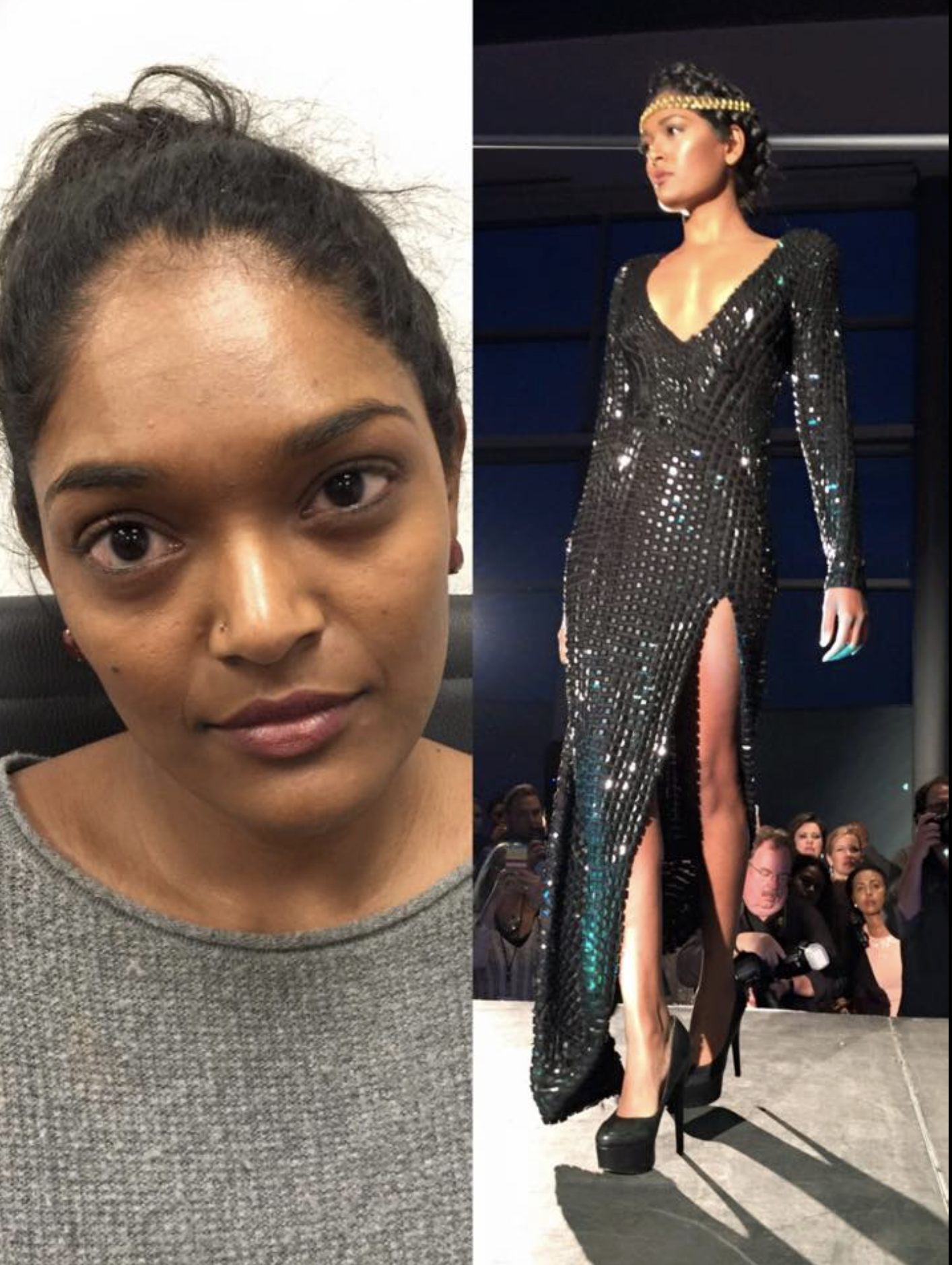 Side-by-side photo of a woman with short dark hair and a woman on a runway wearing a shiny black dress with a high slit and high heels.