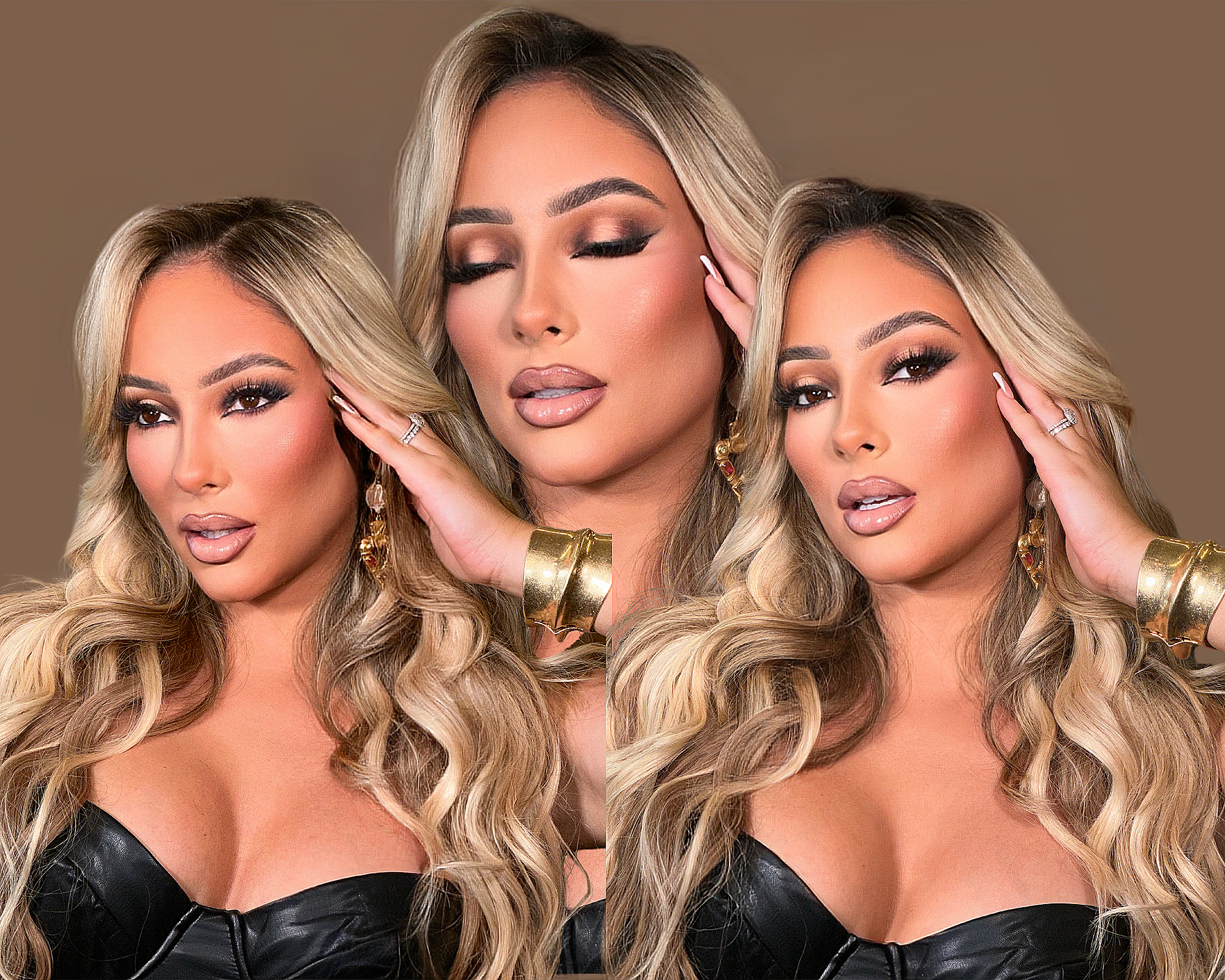 A woman with long blonde hair, wearing makeup with smoky eyeshadow and nude lipstick, posing with her eyes closed, touching her face with her left hand, and wearing gold jewelry and a black top.