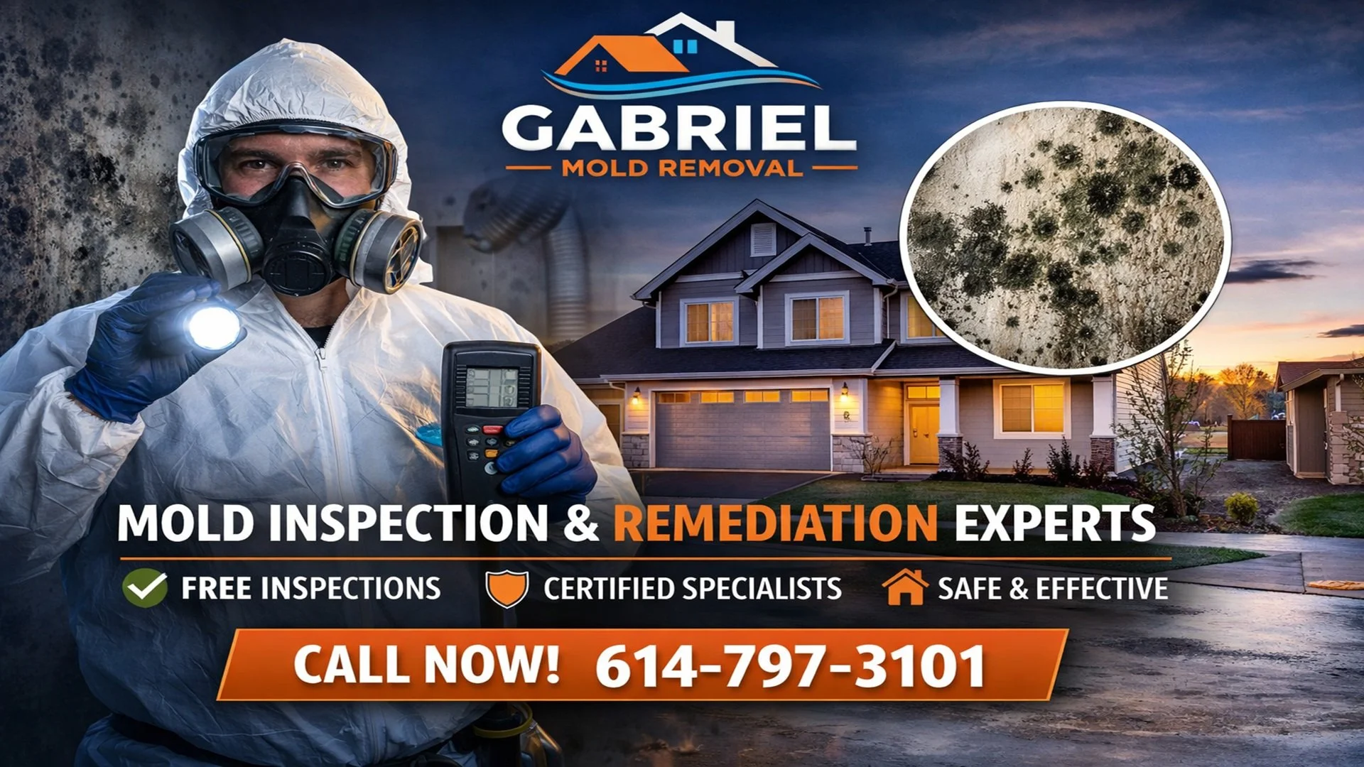 An advertisement for Gabriel Mold Removal showing a technician in protective gear holding a flashlight and a moisture meter, with a large home in the background, a mold close-up inset, and text promoting free mold inspections, certified specialists, safe and effective removal, and a contact number.