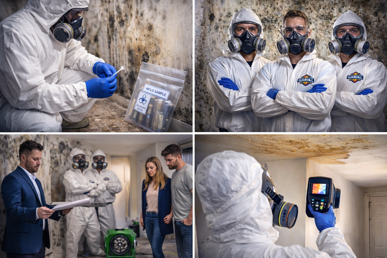 A team of mold investigators wearing protective suits and masks exploring a mold-infested building while collecting samples and documenting the affected areas.