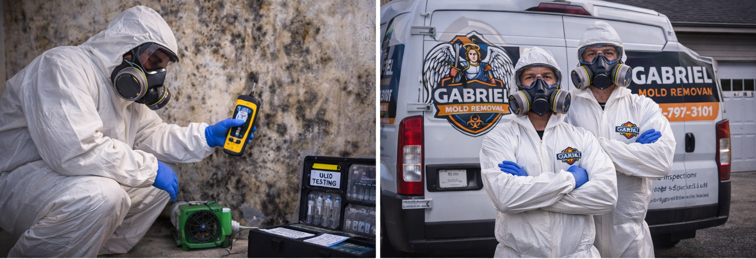 Two images of mold removal specialists in protective suits and masks. In the first image, a person is kneeling and testing for mold with a device near a moldy wall. In the second image, two specialists stand with crossed arms in front of a mold removal company van.