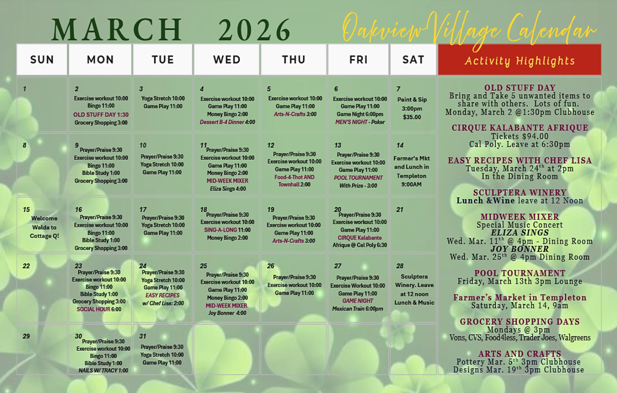 March Activity Calendar
