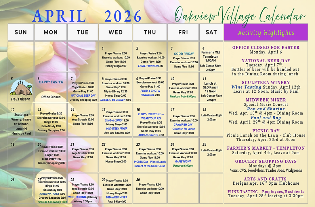 April 2026 Activity Calendar