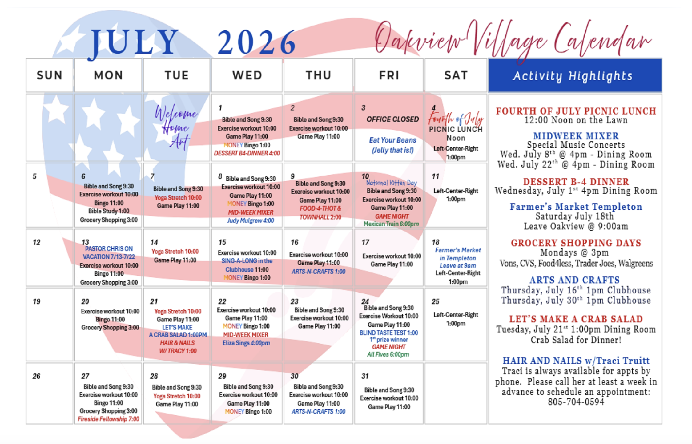 Activity Calendar: JULY 2026