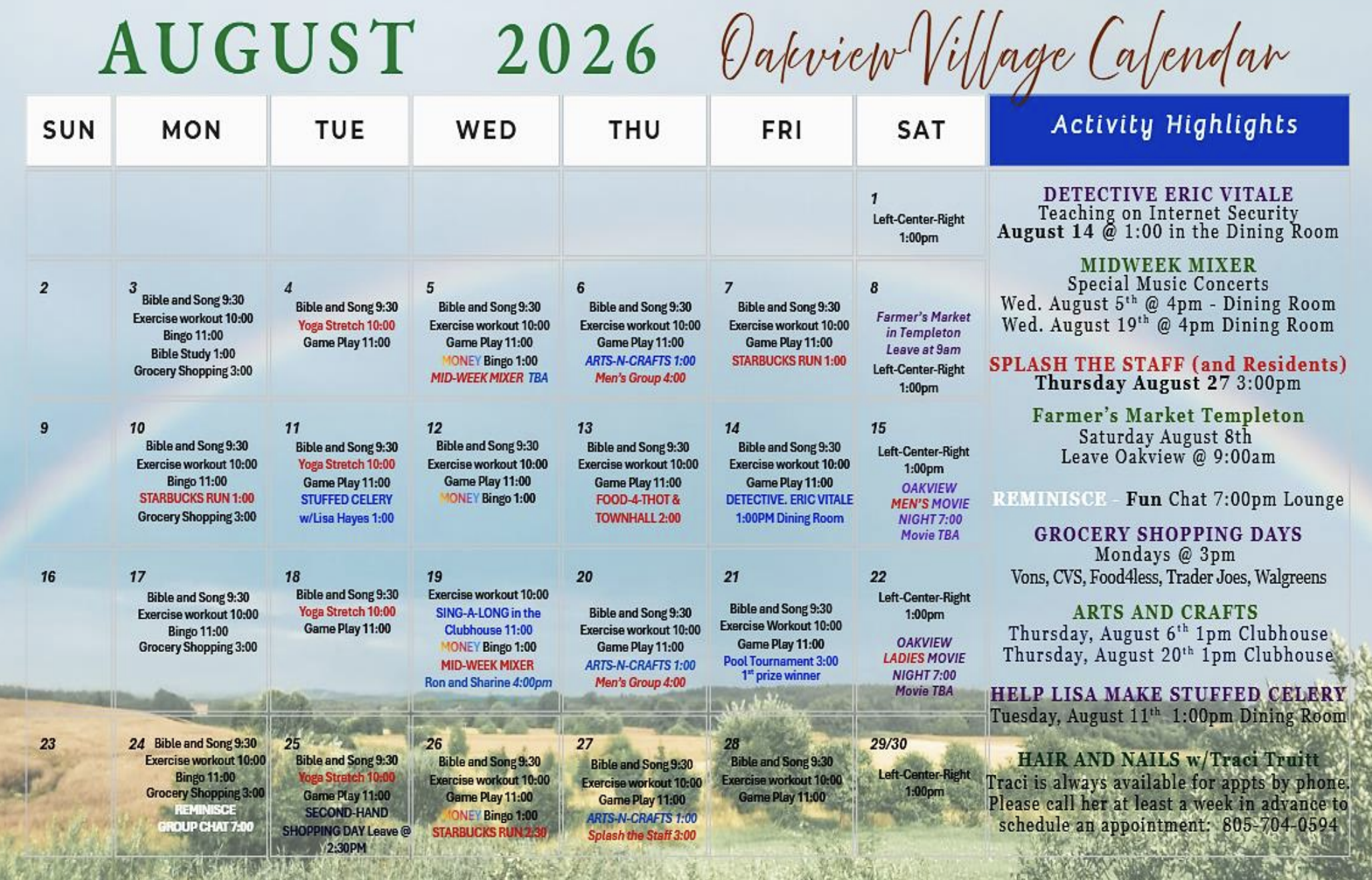 Activity Calendar: August 2026