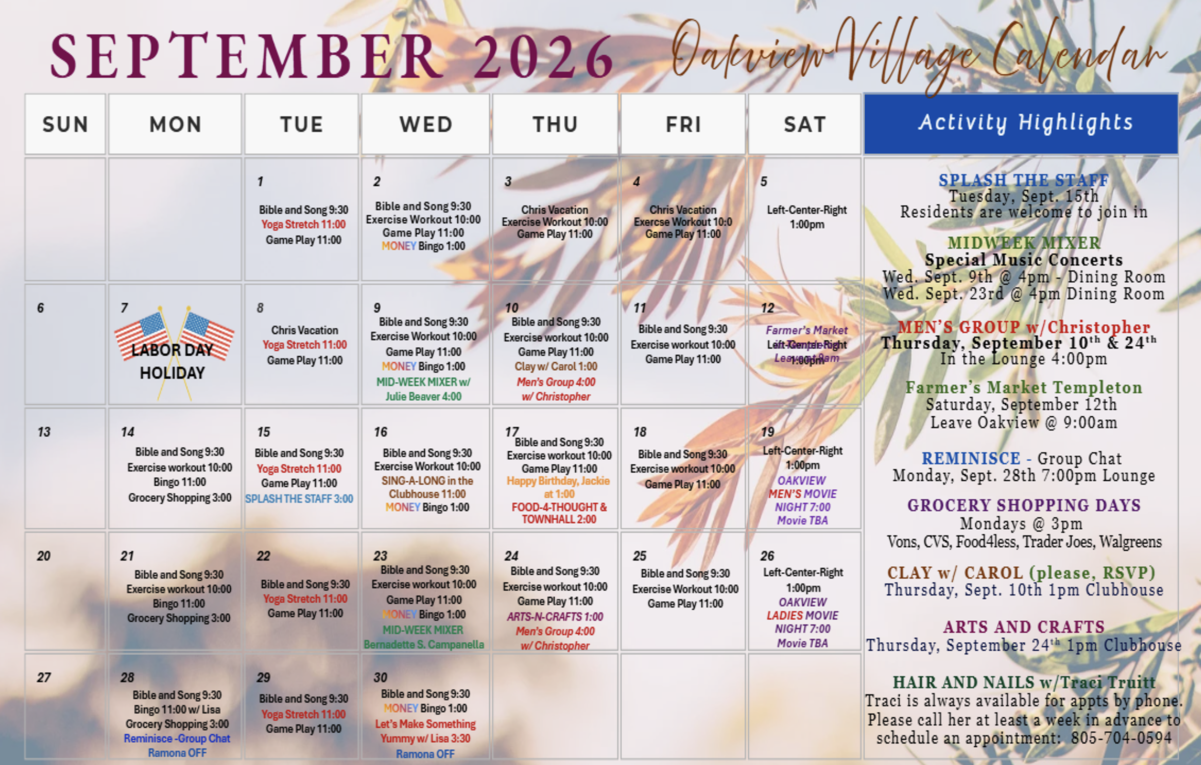 Activity Calendar: September 2026
